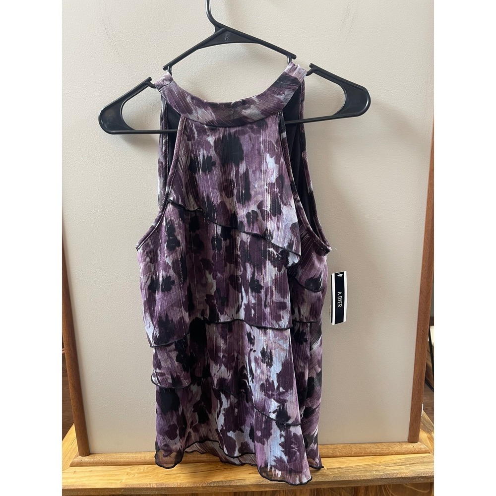 A. Byer Halter Top Womens Large Lavender NWT Layered Ruffle Metallic Abstract - Picture 1 of 5